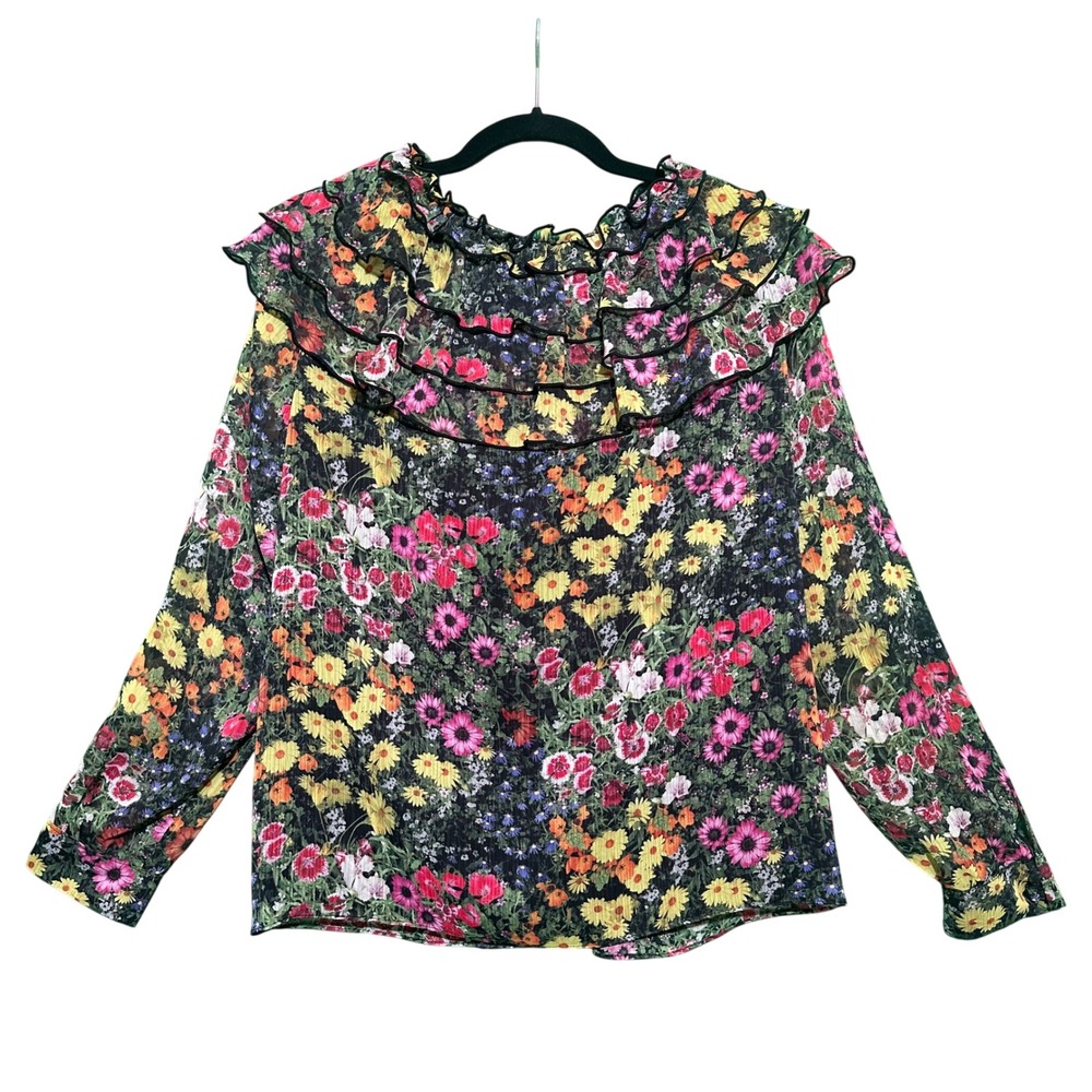 Ted Baker Amell Floral Ruffle Blouse Black Garden Print‎ Cottagecore Sz 4 US 10 - Picture 14 of 16